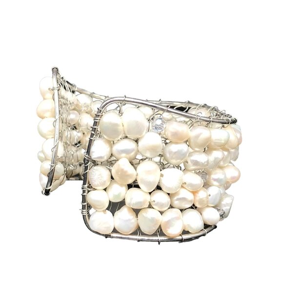 Glamorous Wide Pearl Mesh Cuff Bracelet, Silver, Wedding Jewelry, Special Occasi - Picture 3 of 5